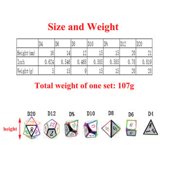 Комплект многогранни метални зарове, RPG зарове, зарове, D20, D12, D %, D10, D8, D6, D4, TRPG игри, настолна настолна игра, комплект от 7 бр.