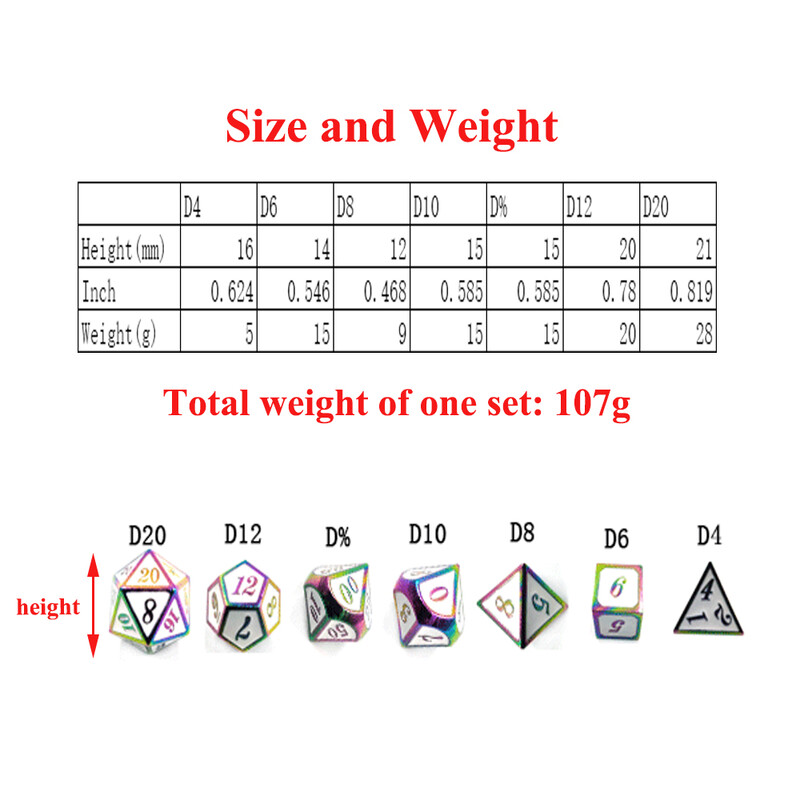 Комплект многогранни метални зарове, RPG зарове, зарове, D20, D12, D %, D10, D8, D6, D4, TRPG игри, настолна настолна игра, комплект от 7 бр.
