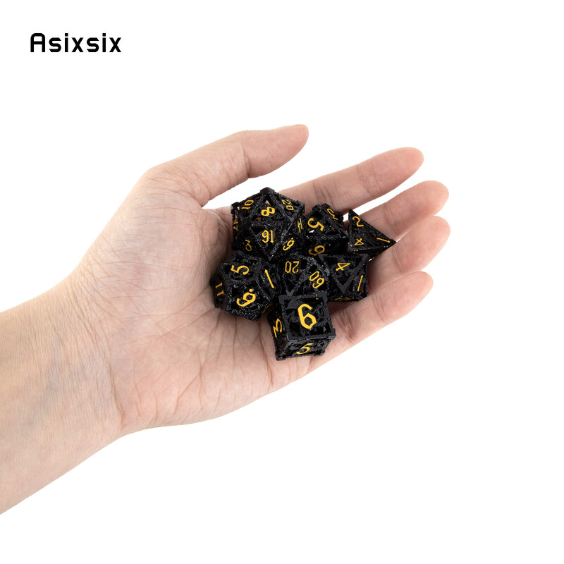 7 bucăți, negru, galben, dragon zburător, zaruri din metal, set de zaruri poliedrice din metal gol, potrivit pentru jocuri de rol RPG, joc de cărți