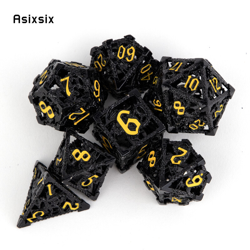 7 bucăți, negru, galben, dragon zburător, zaruri din metal, set de zaruri poliedrice din metal gol, potrivit pentru jocuri de rol RPG, joc de cărți