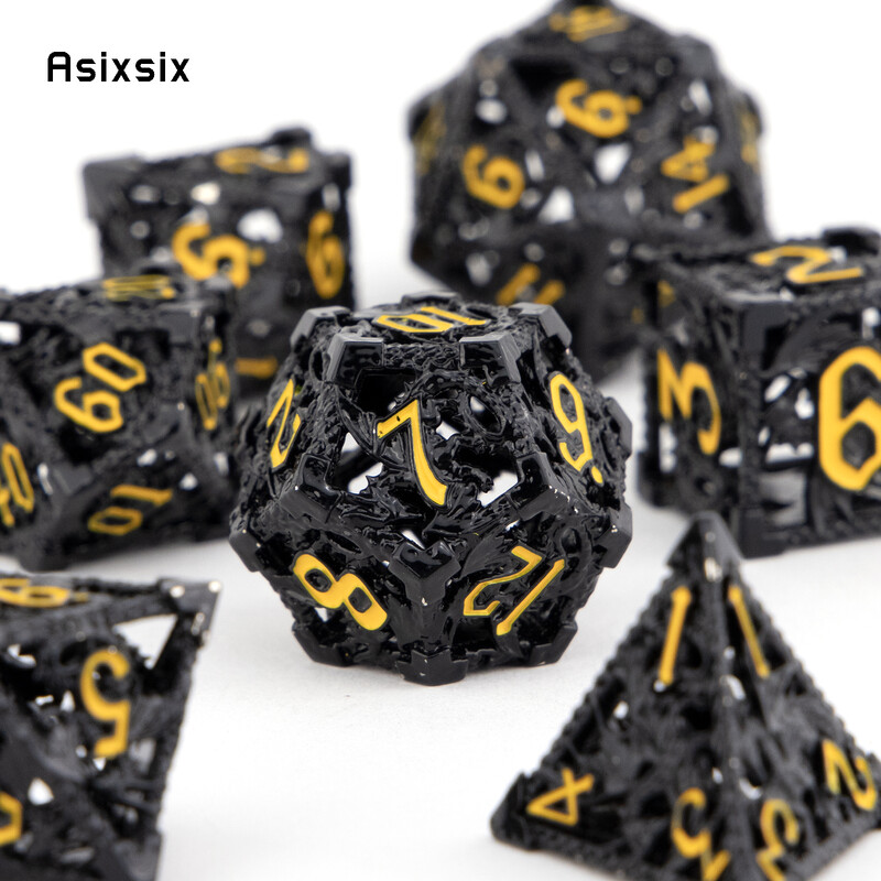 7 bucăți, negru, galben, dragon zburător, zaruri din metal, set de zaruri poliedrice din metal gol, potrivit pentru jocuri de rol RPG, joc de cărți