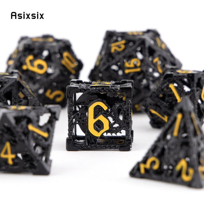 7 bucăți, negru, galben, dragon zburător, zaruri din metal, set de zaruri poliedrice din metal gol, potrivit pentru jocuri de rol RPG, joc de cărți