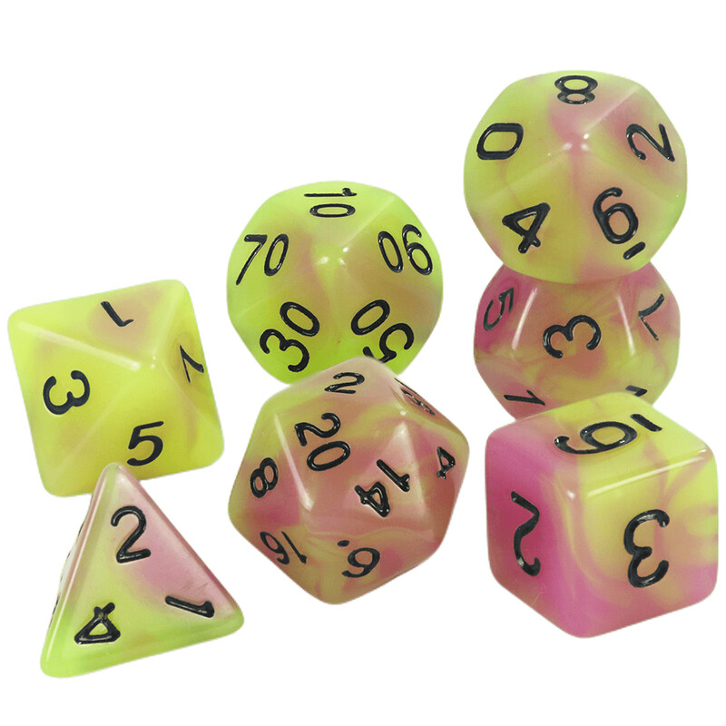 Glow in the Dark kauliukai 7 vnt. / Daugiakampių kauliukų rinkinys D4-D20, skirtas RPG COC DND stalo žaidimui