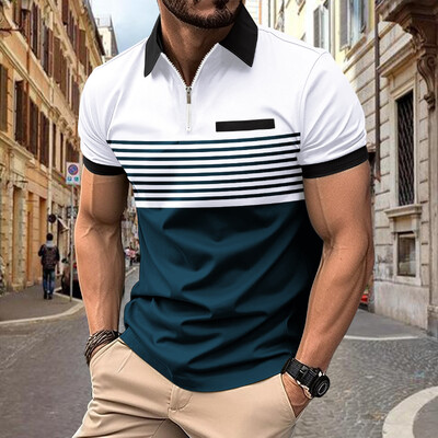 INS pavasario/vasaros POLO marškinėliai Vyriški užtrauktuku marginti dryžiai Laisvalaikis Sportas Muscle Fitness Polo marškinėliai viršus