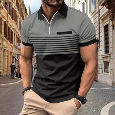 INS pavasario/vasaros POLO marškinėliai Vyriški užtrauktuku marginti dryžiai Laisvalaikis Sportas Muscle Fitness Polo marškinėliai viršus
