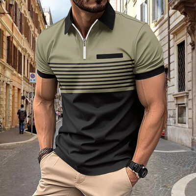 INS pavasario/vasaros POLO marškinėliai Vyriški užtrauktuku marginti dryžiai Laisvalaikis Sportas Muscle Fitness Polo marškinėliai viršus
