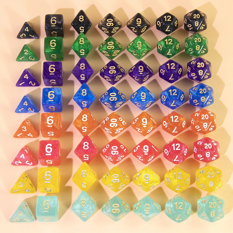 Blizgučių daugiakampių kauliukų rinkinys 7 vnt. DND skaitmeniniai kauliukai stalo žaidimams, vaidmenų žaidimų priedai