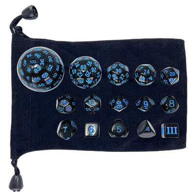 15-osaline akrüülist läbipaistmatu mitmetahuline täringukomplekt D3-D100 Sametise täringukotiga mängutäringud DND-rollimängude lauamängude peoks