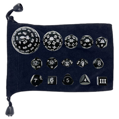 15-osaline akrüülist läbipaistmatu mitmetahuline täringukomplekt D3-D100 Sametise täringukotiga mängutäringud DND-rollimängude lauamängude peoks