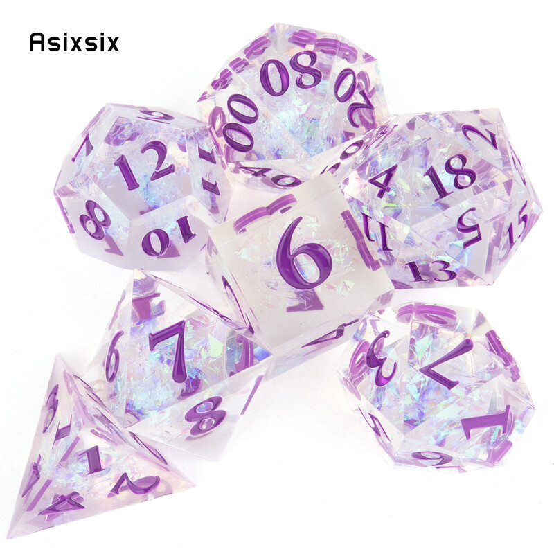 7 komada bijele smole ljubičaste kockice s oštrim rubom, poliedarske kockice prikladne za igranje uloga RPG društvene igre