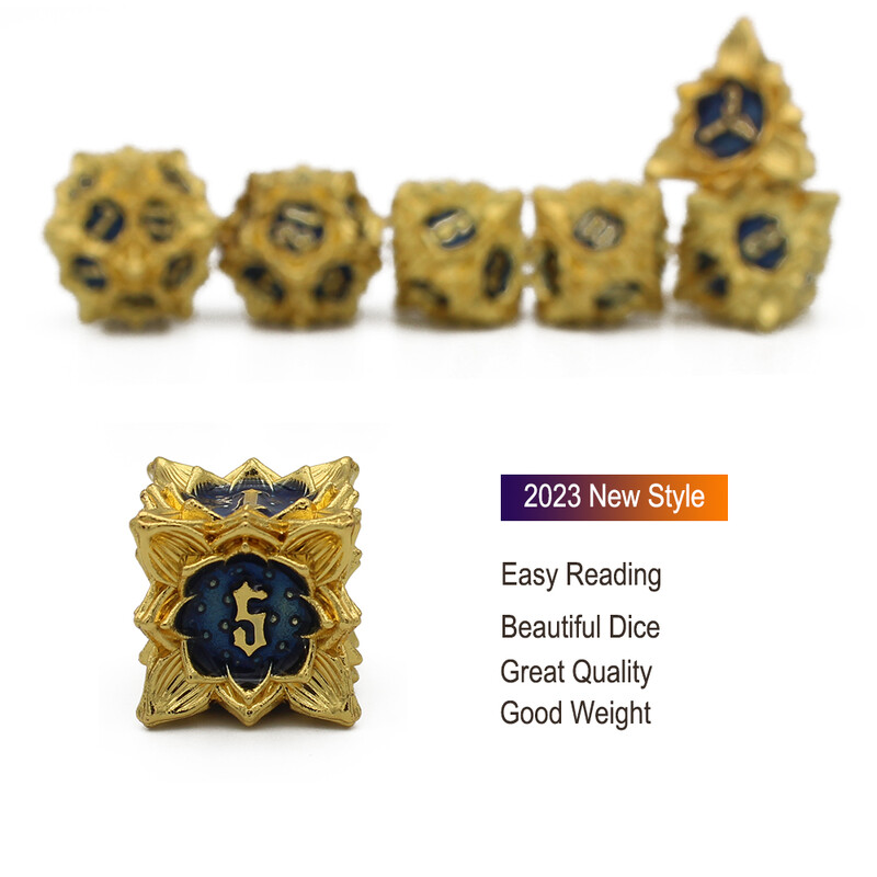 2023 Нов комплект метални зарове включва торбичка за игра на настолни DnD RPG игри 7 бр. D4 D6 D8 D10 D% D12 D20 Многостенни зарове в стил Lotus