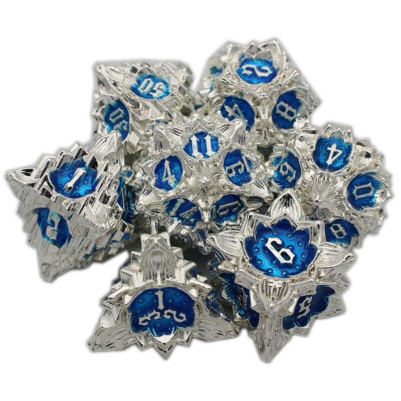 2023 Нов комплект метални зарове включва торбичка за игра на настолни DnD RPG игри 7 бр. D4 D6 D8 D10 D% D12 D20 Многостенни зарове в стил Lotus