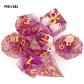 7 vnt Pink Skull Resin Auksinio numerio kauliukai aštriais kraštais, daugiakampiai kauliukai, tinkami vaidmenų žaidimui RPG stalo žaidimui