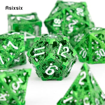 7 τμχ Green Flying Dragon Metal Dice Κοίλο μεταλλικό πολυεδρικό σετ ζαριών κατάλληλο για επιτραπέζιο παιχνίδι καρτών RPG παιχνιδιών ρόλων