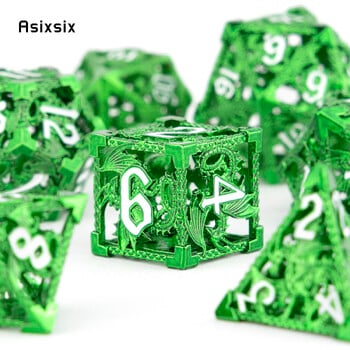 7 τμχ Green Flying Dragon Metal Dice Κοίλο μεταλλικό πολυεδρικό σετ ζαριών κατάλληλο για επιτραπέζιο παιχνίδι καρτών RPG παιχνιδιών ρόλων