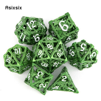 7 бр. Метални зарове Green Flying Dragon Комплект кухи метални полиедрални зарове, подходящи за ролева настолна игра RPG Игра на карти