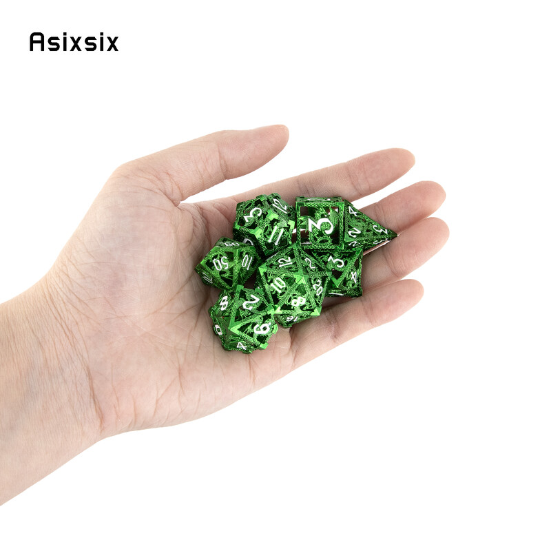 7 бр. Метални зарове Green Flying Dragon Комплект кухи метални полиедрални зарове, подходящи за ролева настолна игра RPG Игра на карти