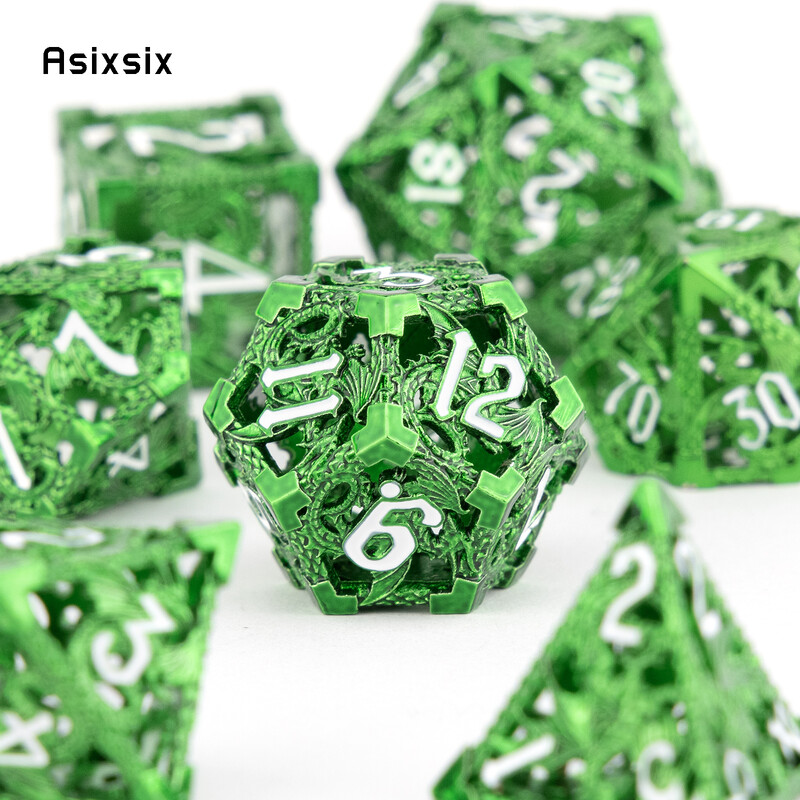 7 бр. Метални зарове Green Flying Dragon Комплект кухи метални полиедрални зарове, подходящи за ролева настолна игра RPG Игра на карти