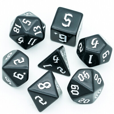 Poludie 7 vnt / rinkinys Juodų kauliukų rinkinys Pjautuvo šriftas D&D D4 D6 D8 D10 D% D12 D20 DND Daugiakampis kauliukas, skirtas D&D vaidmenų žaidimui stalo žaidimo RPG