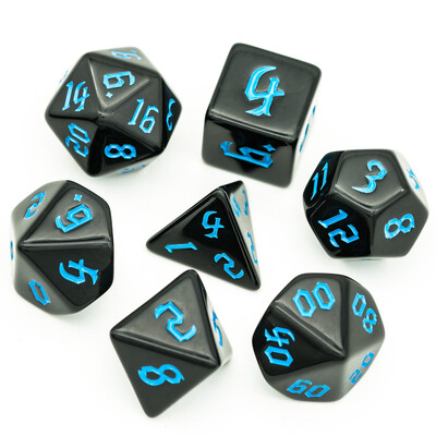 Poludie 7 vnt / rinkinys Juodų kauliukų rinkinys Pjautuvo šriftas D&D D4 D6 D8 D10 D% D12 D20 DND Daugiakampis kauliukas, skirtas D&D vaidmenų žaidimui stalo žaidimo RPG