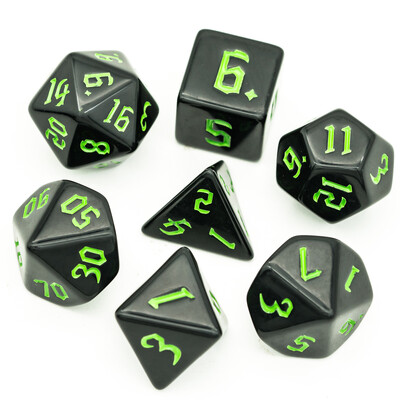 Poludie 7 vnt / rinkinys Juodų kauliukų rinkinys Pjautuvo šriftas D&D D4 D6 D8 D10 D% D12 D20 DND Daugiakampis kauliukas, skirtas D&D vaidmenų žaidimui stalo žaidimo RPG