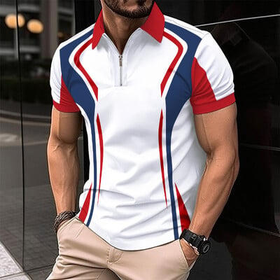 2024 Нова модна мъжка поло риза с къс ръкав Slim-fit Top Stripe Print Streetwear Ежедневно мъжко дишащо мъжко облекло