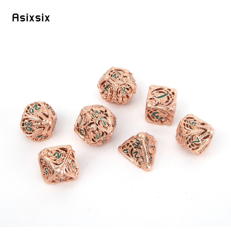 Metalne kockice sa zlatnozelenom lubanjom od 7 komada, šuplje metalne poliedarske kockice, prikladne za igranje uloga RPG društvene igre Kartaške igre