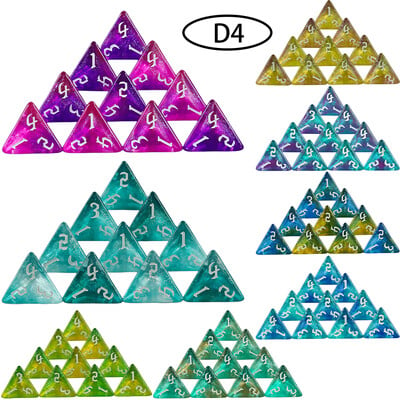 Poliéderes D4-es kocka 10db, 4 oldalas, kétszínű, csillogó kockával, szerepjátékhoz D&D társasjátékos kockakészlet