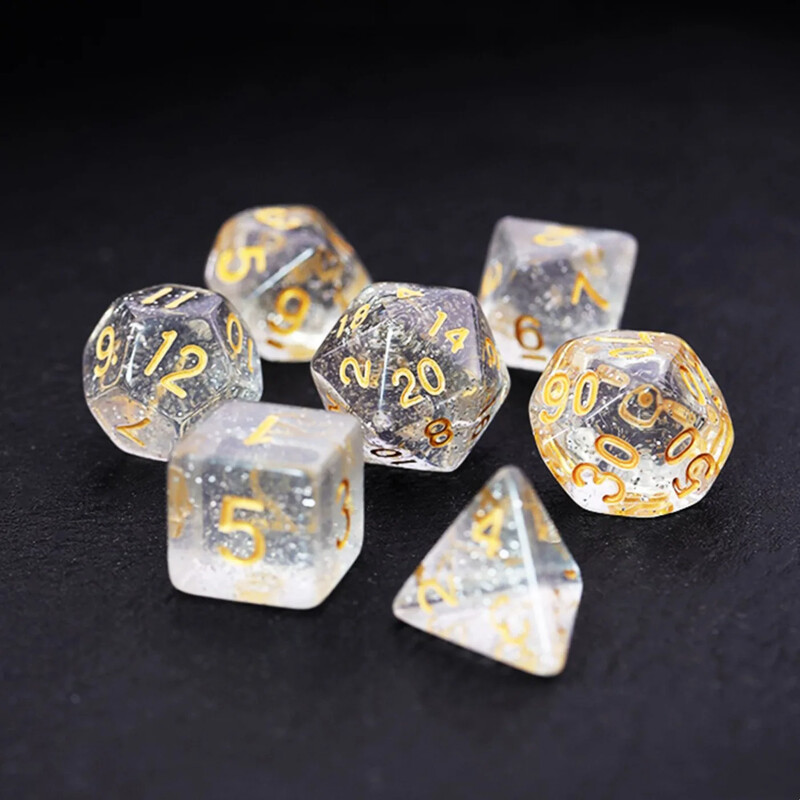 Komplet od 7 komada Novi svjetlucavi zlatno žuti poliedarski stol za digitalne kocke za DND TRPG RPG D20 D12 D10 D8 D6 D4 Komplet kockica za društvene igre