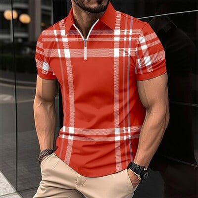 Лятна мъжка мода за 2024 г. Тенденция в каре на райе с щампи POLO Shirt Zipper Sport Fitness T-shirt Polo Shirt