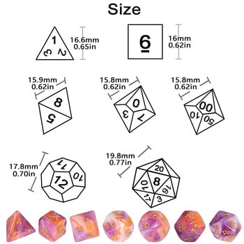 Смесен цветен блясък DND Dice Polyhedron Dice Set 7-Piece D4 D6 D8 D10 D10% D12 D20 за RPG ролева игра Преподаване на математика