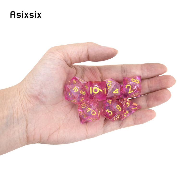 7 vnt rožinis auksinis skaičius, tekantis smėlis, aštrių kraštų kauliukas, daugiakampis kauliukas, tinkantis RPG stalo žaidimui