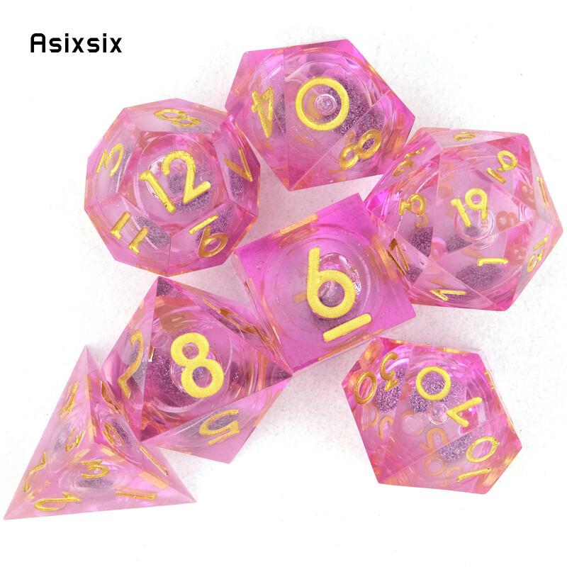 7 vnt rožinis auksinis skaičius, tekantis smėlis, aštrių kraštų kauliukas, daugiakampis kauliukas, tinkantis RPG stalo žaidimui
