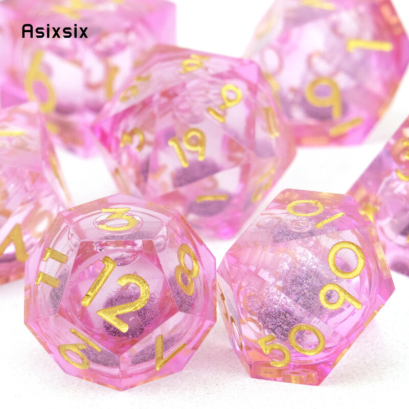 7 vnt rožinis auksinis skaičius, tekantis smėlis, aštrių kraštų kauliukas, daugiakampis kauliukas, tinkantis RPG stalo žaidimui