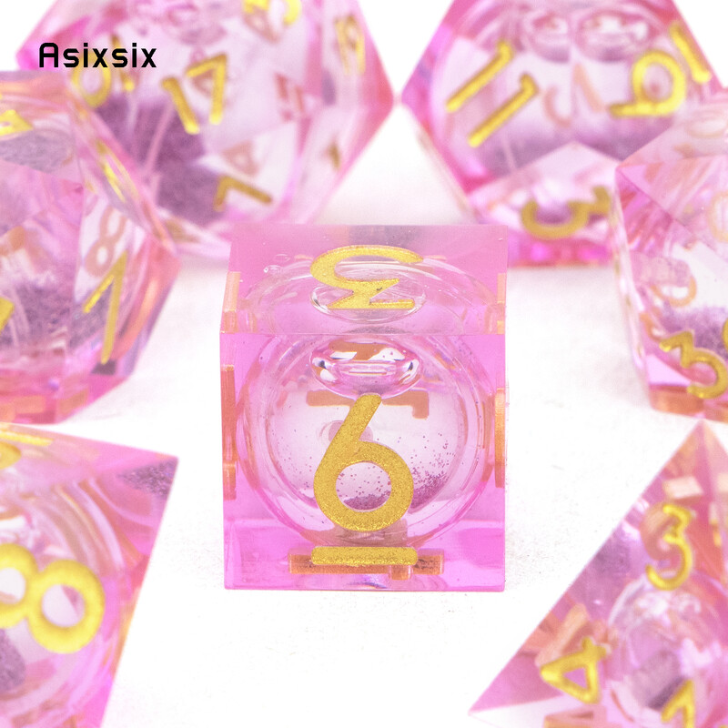 7 vnt rožinis auksinis skaičius, tekantis smėlis, aštrių kraštų kauliukas, daugiakampis kauliukas, tinkantis RPG stalo žaidimui