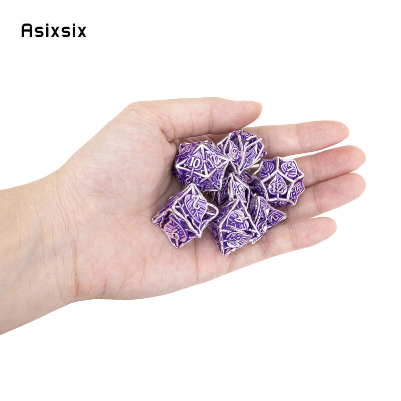 7 bucăți zaruri din metal cu flori de frunze mov Set de zaruri poliedrice din metal gol, potrivit pentru jocuri de rol RPG, joc de cărți