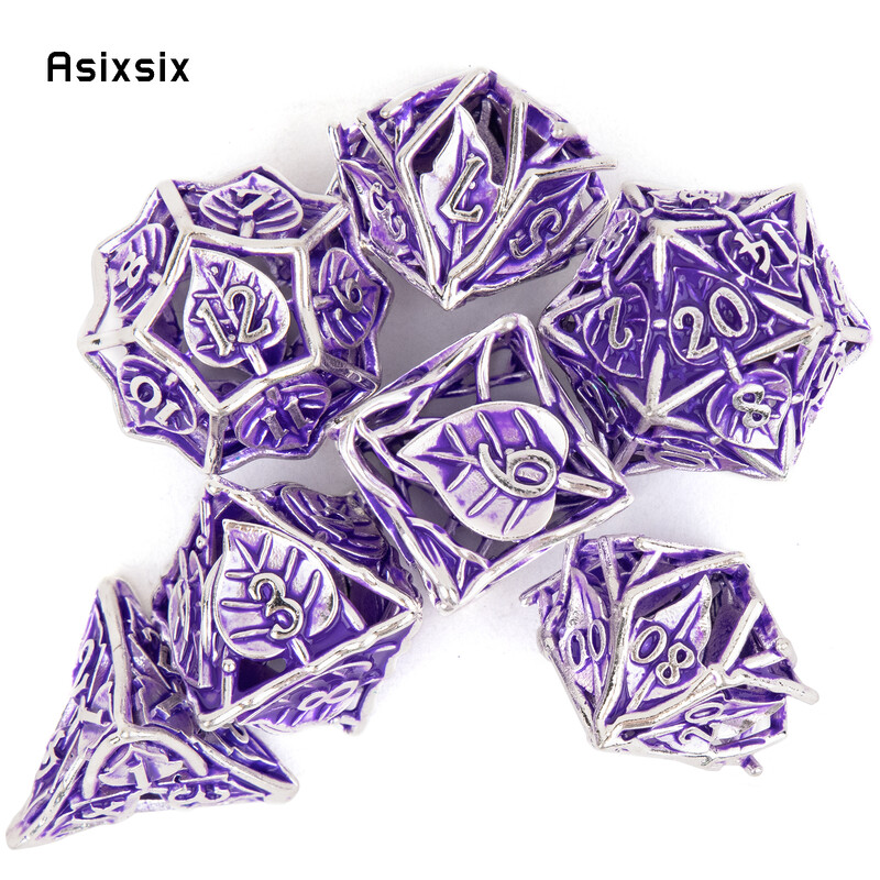 7 bucăți zaruri din metal cu flori de frunze mov Set de zaruri poliedrice din metal gol, potrivit pentru jocuri de rol RPG, joc de cărți