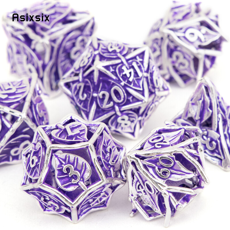 7 bucăți zaruri din metal cu flori de frunze mov Set de zaruri poliedrice din metal gol, potrivit pentru jocuri de rol RPG, joc de cărți