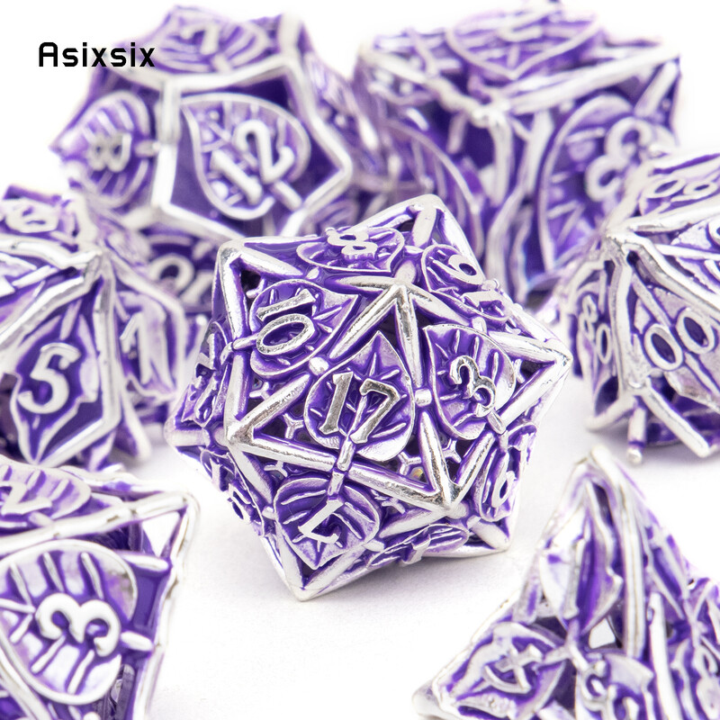 7 bucăți zaruri din metal cu flori de frunze mov Set de zaruri poliedrice din metal gol, potrivit pentru jocuri de rol RPG, joc de cărți