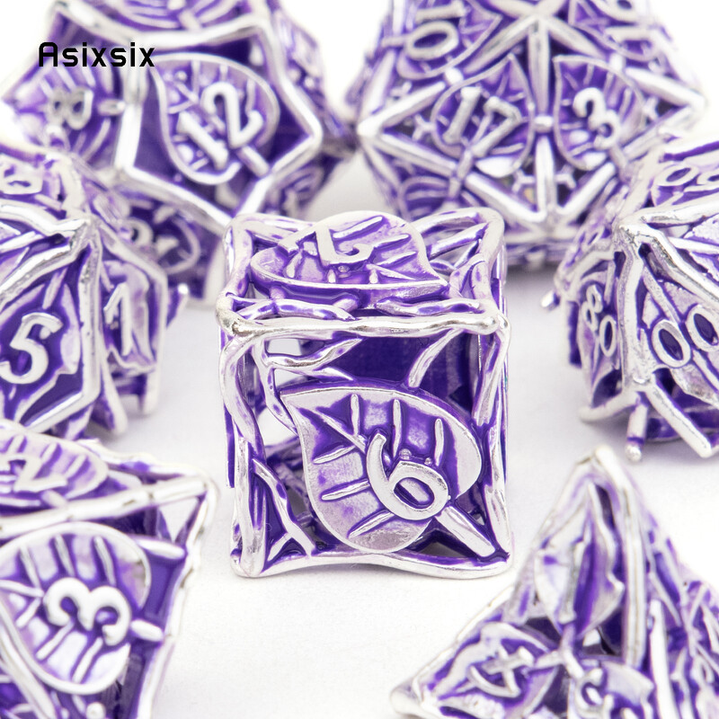 7 bucăți zaruri din metal cu flori de frunze mov Set de zaruri poliedrice din metal gol, potrivit pentru jocuri de rol RPG, joc de cărți