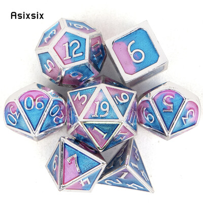 7 бр. Сини, розови, стандартни метални зарове, масивни метални полиедрални зарове, подходящи за ролева игра, настолна игра, игра на карти