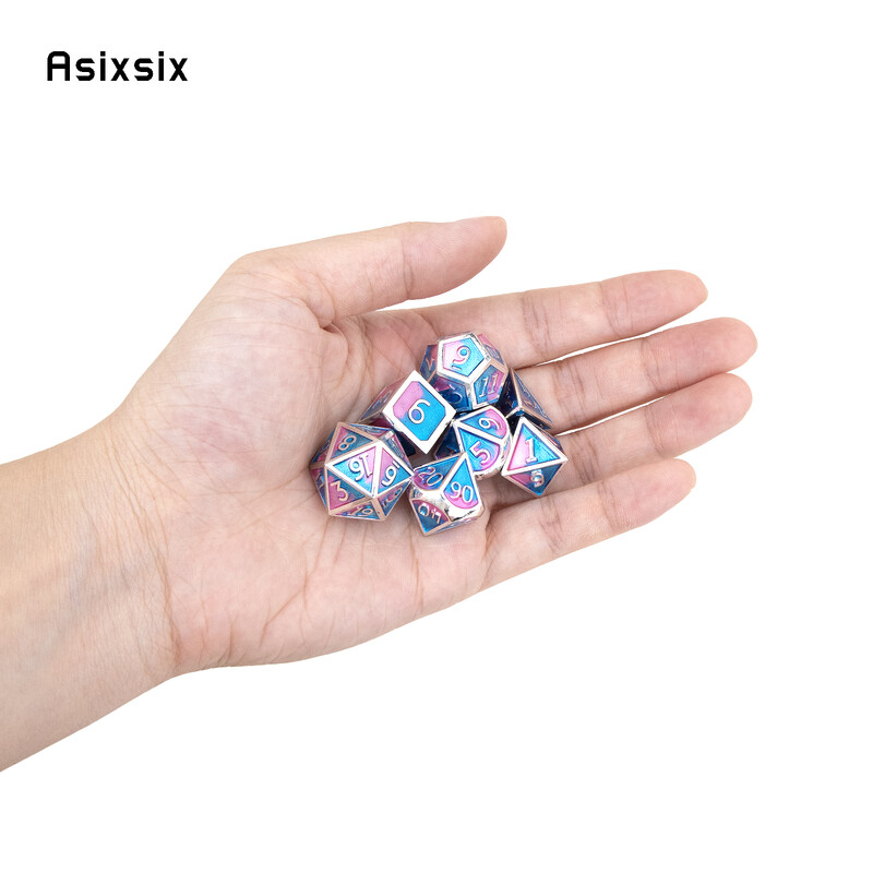 7 бр. Сини, розови, стандартни метални зарове, масивни метални полиедрални зарове, подходящи за ролева игра, настолна игра, игра на карти