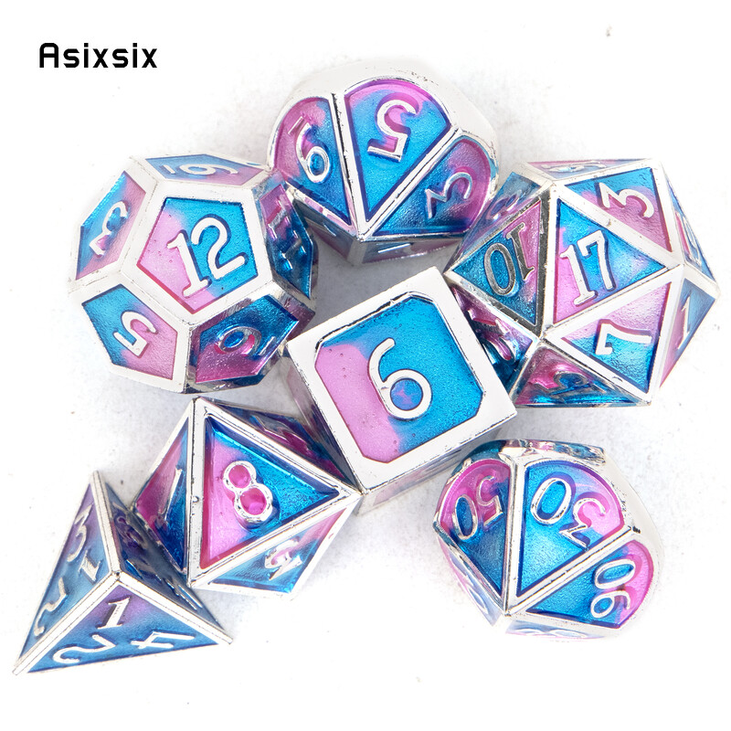 7 бр. Сини, розови, стандартни метални зарове, масивни метални полиедрални зарове, подходящи за ролева игра, настолна игра, игра на карти