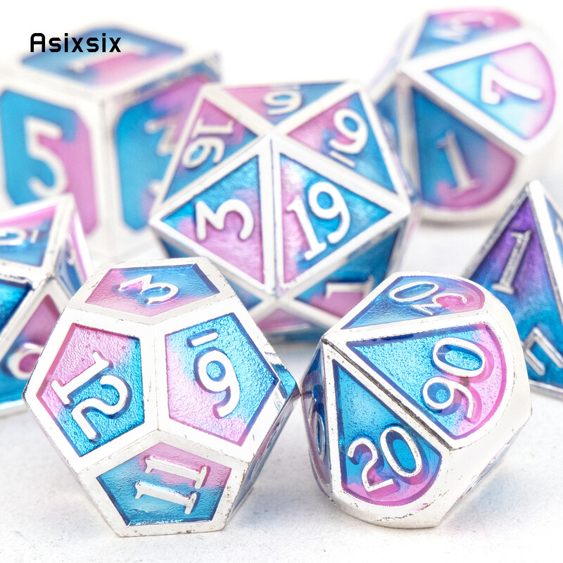 7 бр. Сини, розови, стандартни метални зарове, масивни метални полиедрални зарове, подходящи за ролева игра, настолна игра, игра на карти