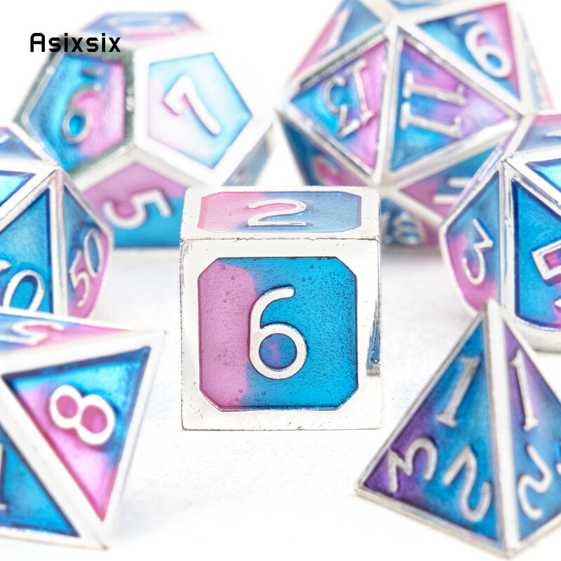 7 бр. Сини, розови, стандартни метални зарове, масивни метални полиедрални зарове, подходящи за ролева игра, настолна игра, игра на карти