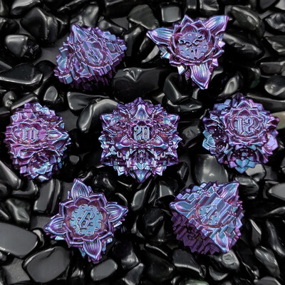 7 бр. Комплект метални зарове с цветен лотос за DND TRPG COC Running Team D20 D12 D10 D8 D6 D4 Настолна игра Polyhedral Dice Number Dice Kit