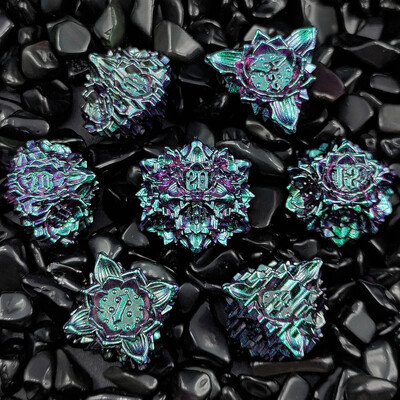 7 бр. Комплект метални зарове с цветен лотос за DND TRPG COC Running Team D20 D12 D10 D8 D6 D4 Настолна игра Polyhedral Dice Number Dice Kit