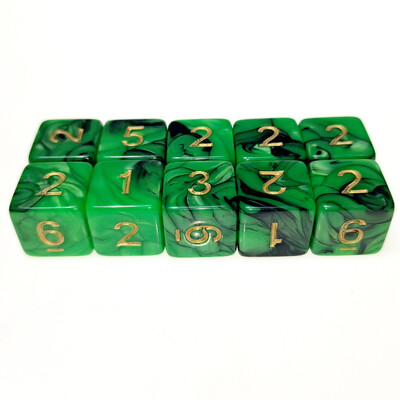 10 бр./компл. 6-странни Wanzhi Card Prop Dice 16MM Числа 1-6 зара Зелен Черен Двоен цвят