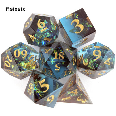 7 bucăți rășină albastră, număr auriu, zaruri cu muchie ascuțită, zaruri poliedrice, potrivite pentru jocuri de masă RPG de rol