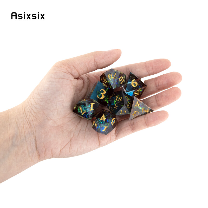 7 bucăți rășină albastră, număr auriu, zaruri cu muchie ascuțită, zaruri poliedrice, potrivite pentru jocuri de masă RPG de rol